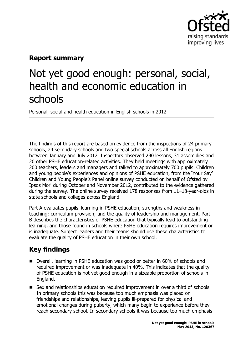 Not Yet Good Enough: PSHE in Schools