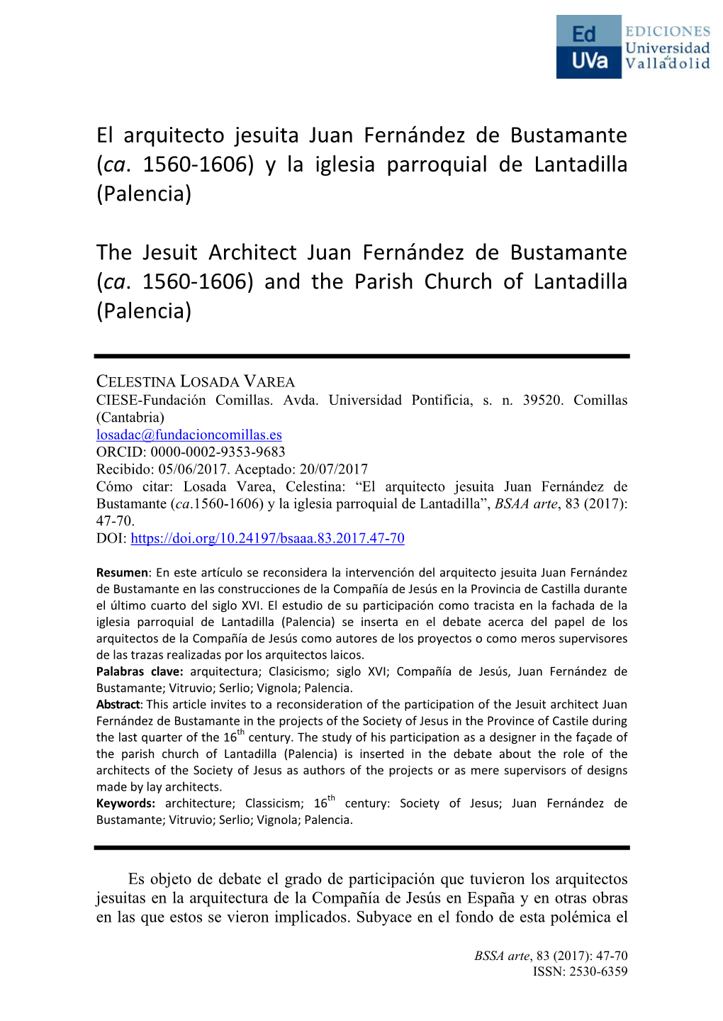 El Arquitecto Jesuita Juan Fernández De Bustamante (Ca. 1560-1606) Y La Iglesia Parroquial De Lantadilla (Palencia)