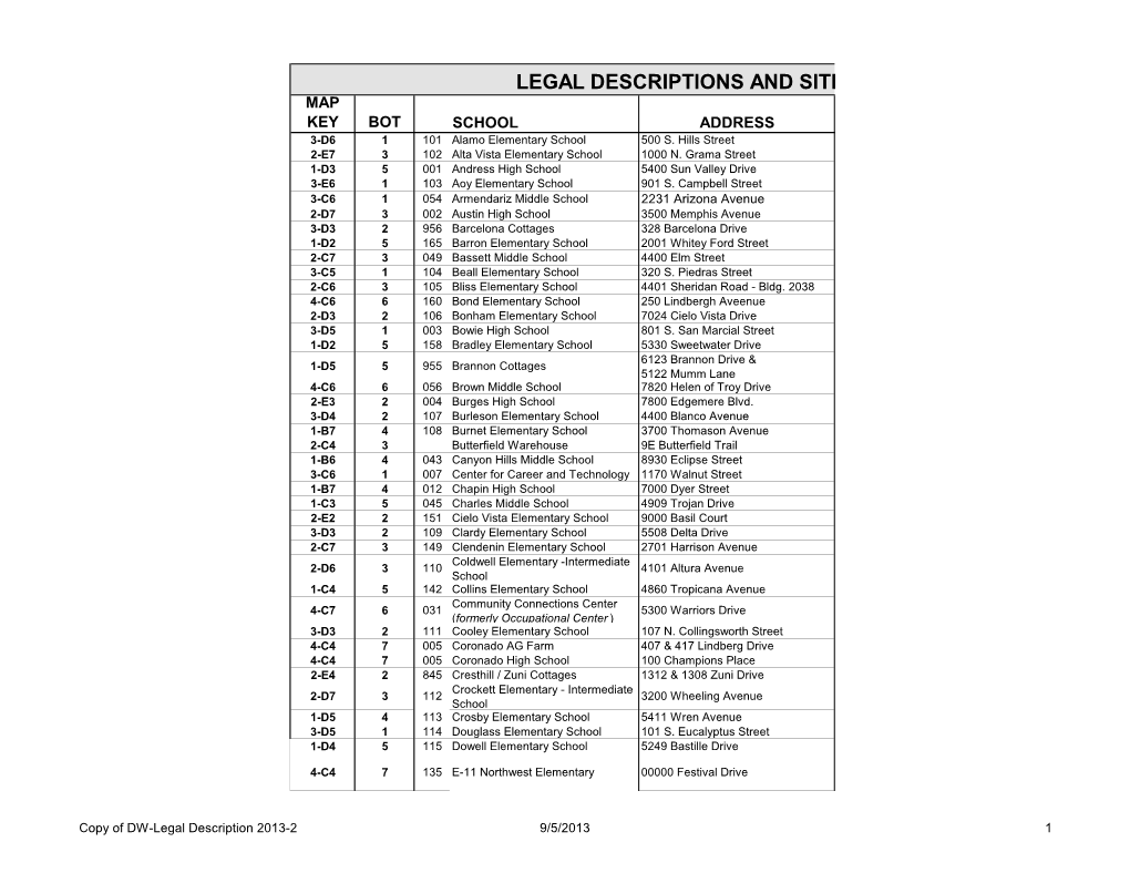 LEGAL DESCRIPTIONS and SITE MAP KEY BOT SCHOOL ADDRESS 3-D6 1 101 Alamo Elementary School 500 S