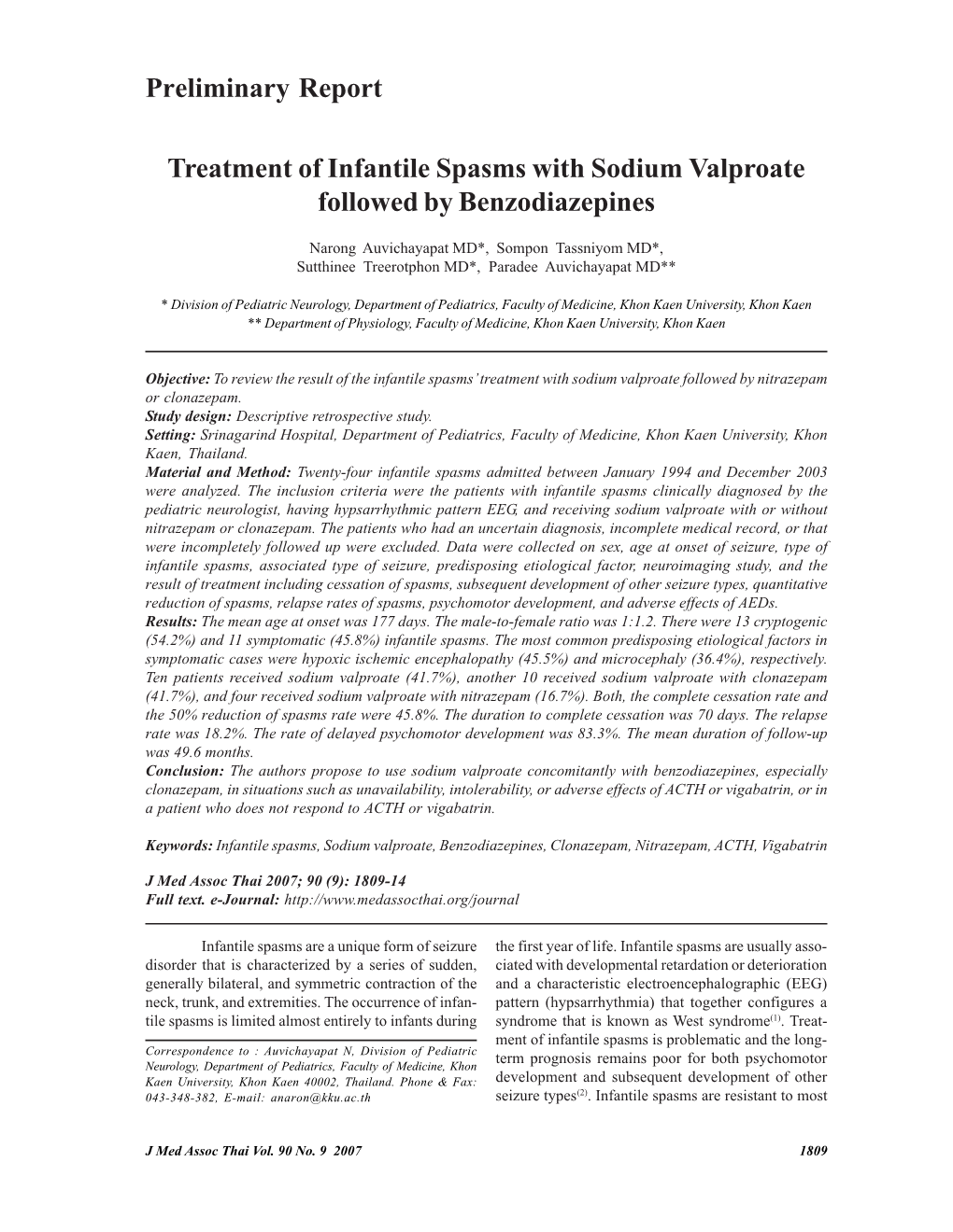 Preliminary Report Treatment of Infantile Spasms with Sodium Valproate Followed by Benzodiazepines