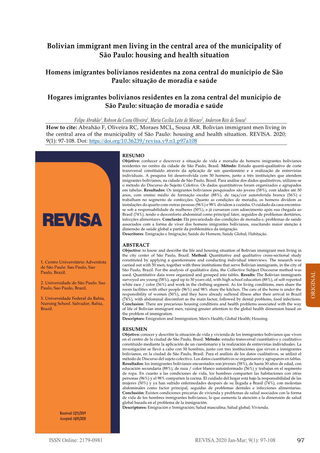 Bolivian Immigrant Men Living in the Central Area of the Municipality of São Paulo: Housing and Health Situation