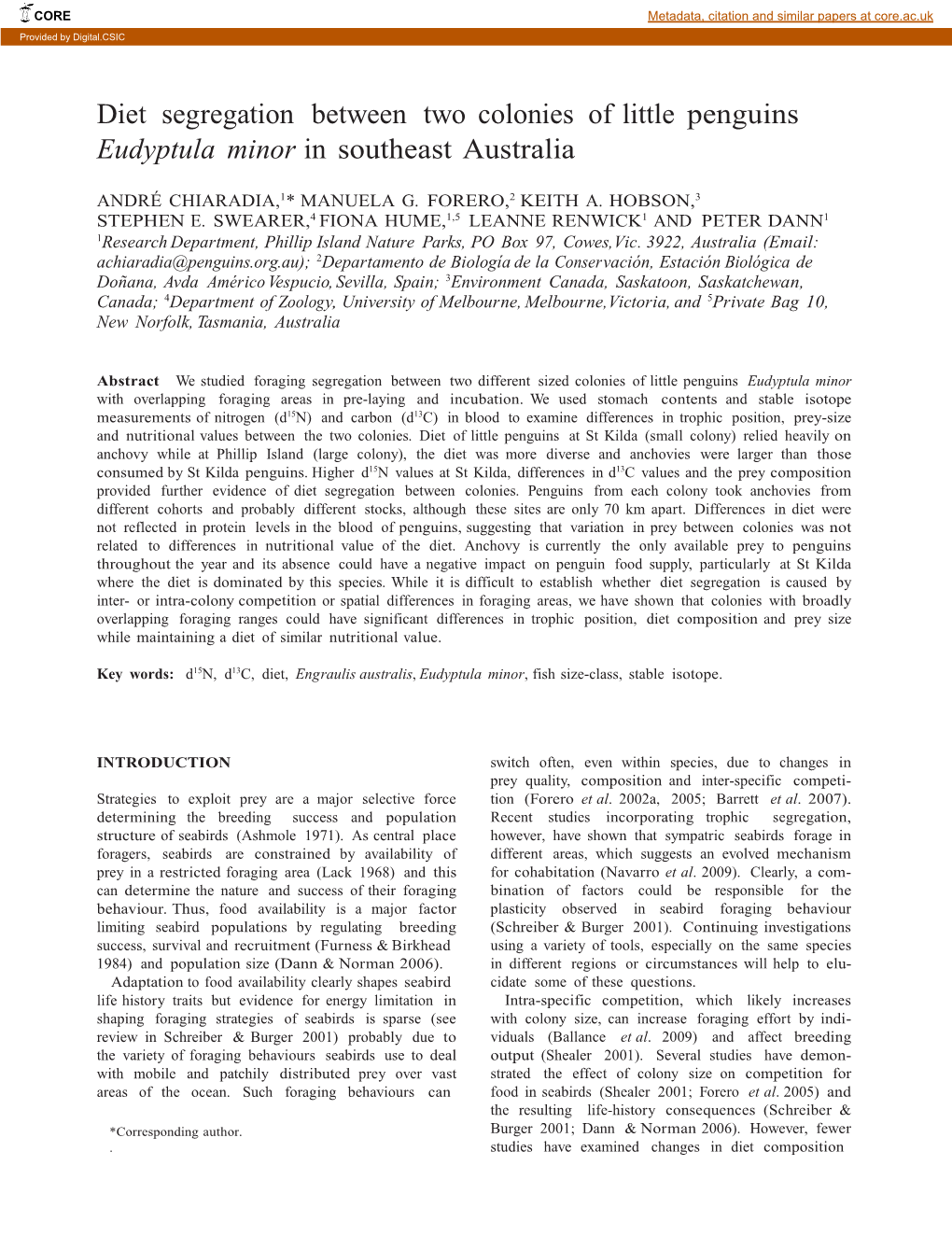 Diet Segregation Between Two Colonies of Little Penguins Eudyptula Minor in Southeast Australia