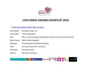 Love Radio Awards Shortlist 2016