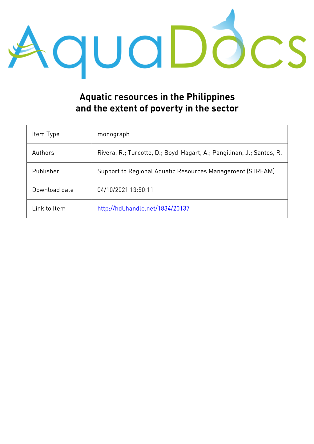 Aquatic Resources in the Philippines and the Extent of Poverty in the Sector