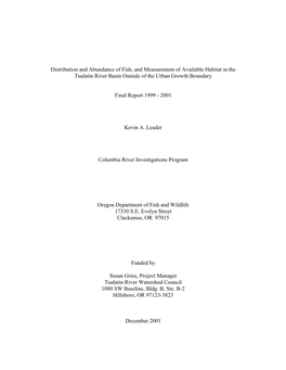 Distribution and Abundance of Fish, and Measurement of Available Habitat in the Tualatin River Basin Outside of the Urban Growth Boundary