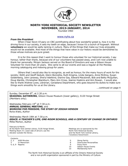 NORTH YORK HISTORICAL SOCIETY NEWSLETTER NOVEMBER, 2013-JANUARY, 2014 Founded 1960