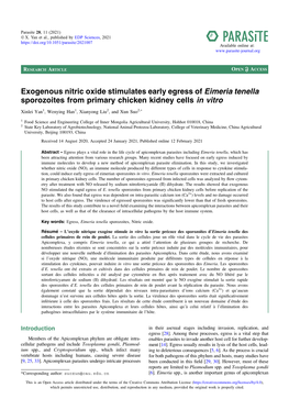 Exogenous Nitric Oxide Stimulates Early Egress of Eimeria Tenella Sporozoites from Primary Chicken Kidney Cells in Vitro