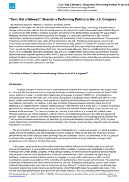 “Can I Get a Witness": Musicians Performing Politics in the U.S. Congress Published on Ethnomusicology Review (