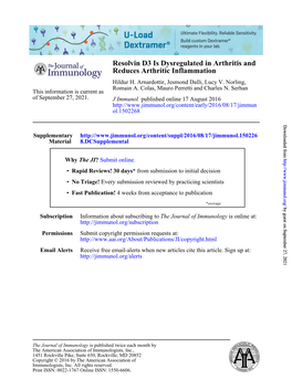 Resolvin D3 Is Dysregulated in Arthritis and Reduces Arthritic Inflammation Hildur H
