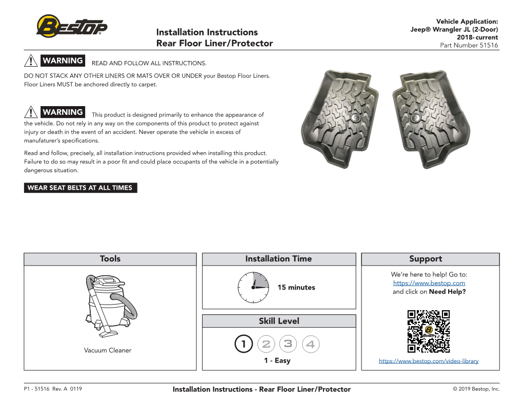 Installation Instructions Rear Floor Liner/Protector