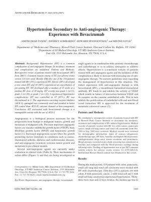 Hypertension Secondary to Anti-Angiogenic Therapy: Experience with Bevacizumab