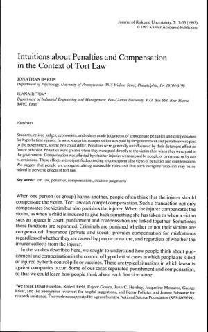 Intuitions About Penalties and Compensation in the Context of Tort Law