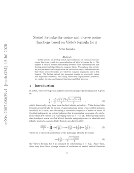 Nested Formulas for Cosine and Inverse Cosine Functions Based on Vi`Ete’Sformula for Π