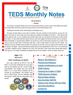 TEDS Monthly Notes CTE Technical Education Database System October 2019