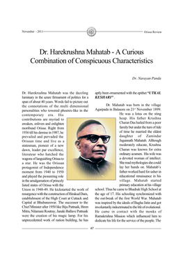 Dr. Harekrushna Mahatab - a Curious Combination of Conspicuous Characteristics