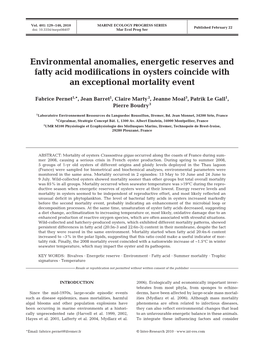 Environmental Anomalies, Energetic Reserves and Fatty Acid Modifications in Oysters Coincide with an Exceptional Mortality Event