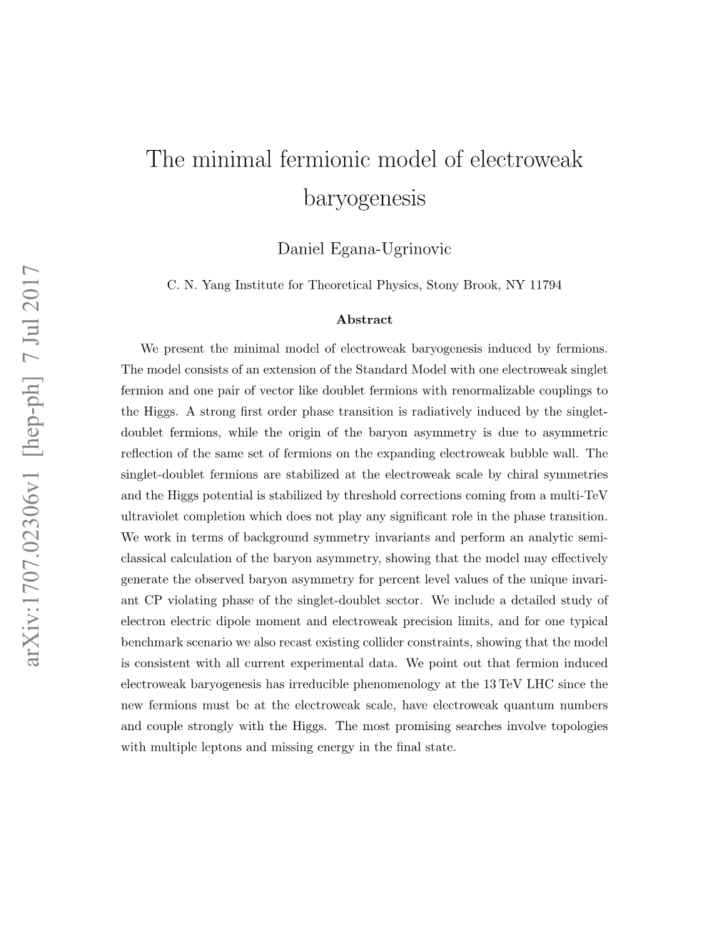 The Minimal Fermionic Model of Electroweak Baryogenesis