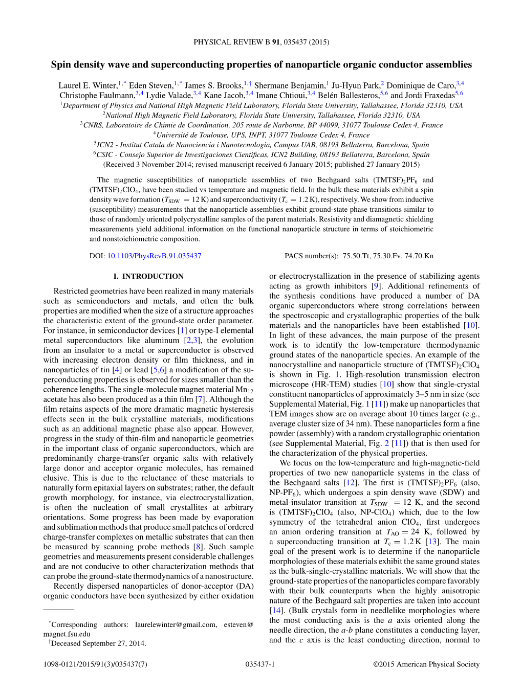 Spin Density Wave and Superconducting Properties of Nanoparticle Organic Conductor Assemblies