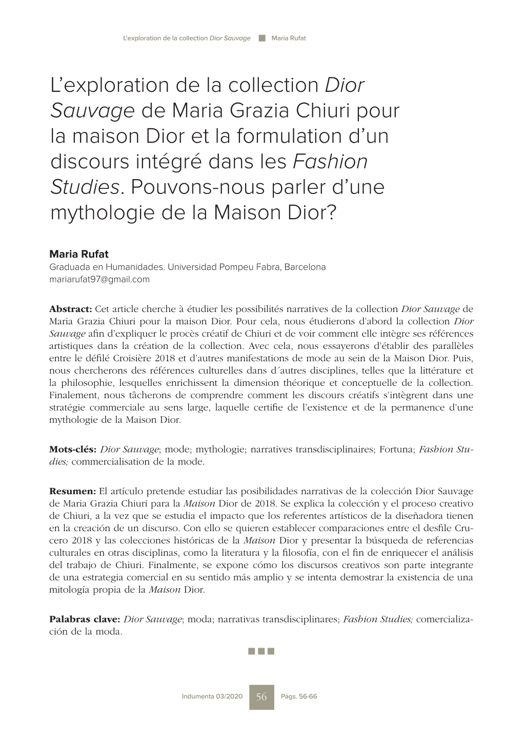 L'exploration De La Collection Dior Sauvage De Maria Grazia Chiuri Pour La Maison Dior Et La Formulation D'un Discours Inté