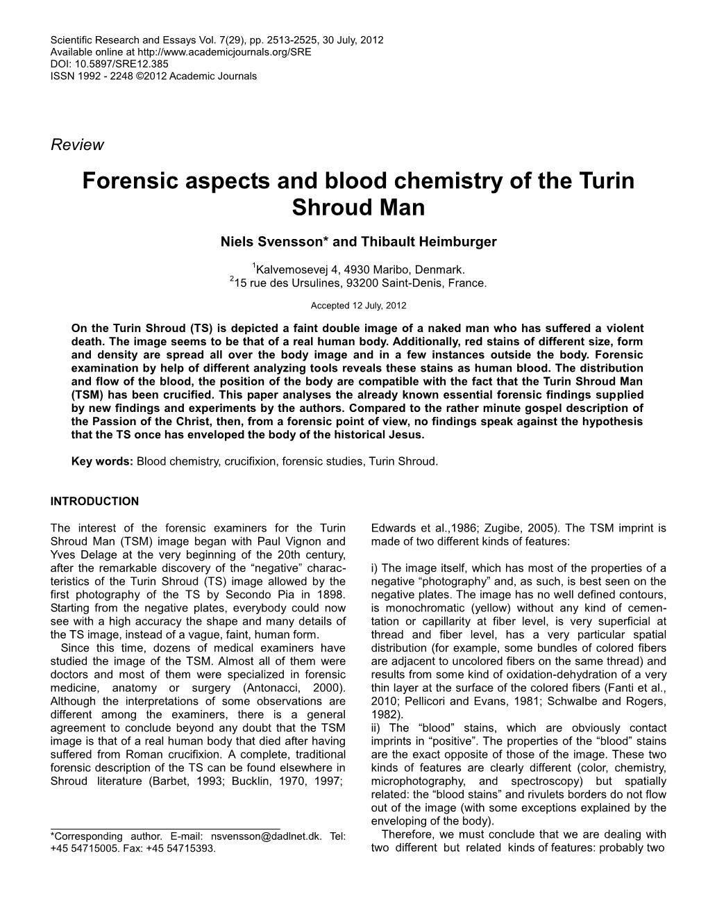 Forensic Aspects and Blood Chemistry of the Turin Shroud Man