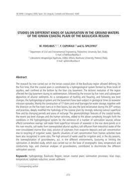 Studies on Different Kinds of Salinisation in the Ground Waters of the Ionian Coastal Plain of the Basilicata Region