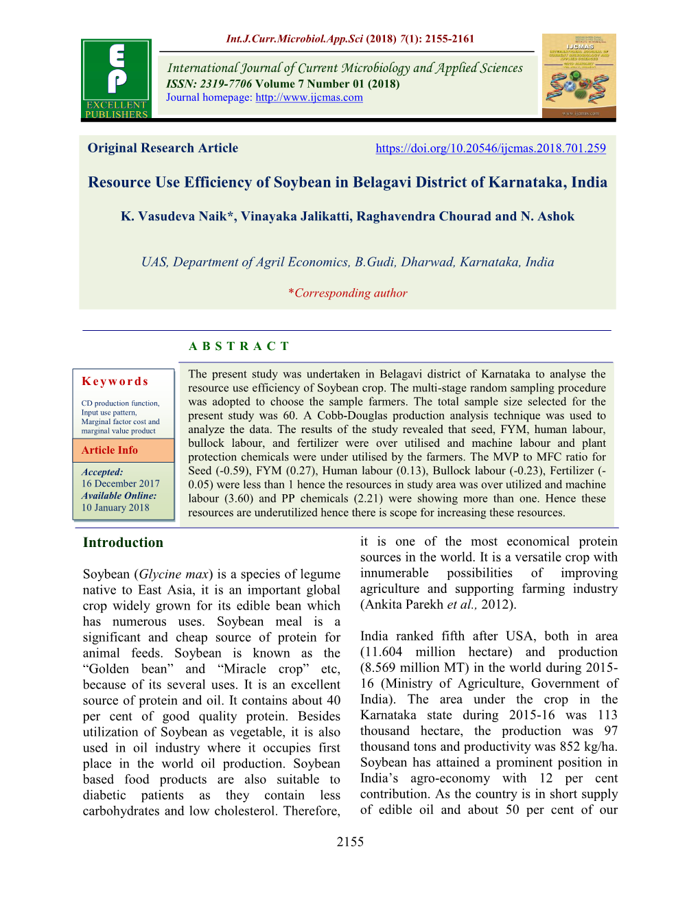 Resource Use Efficiency of Soybean in Belagavi District of Karnataka, India