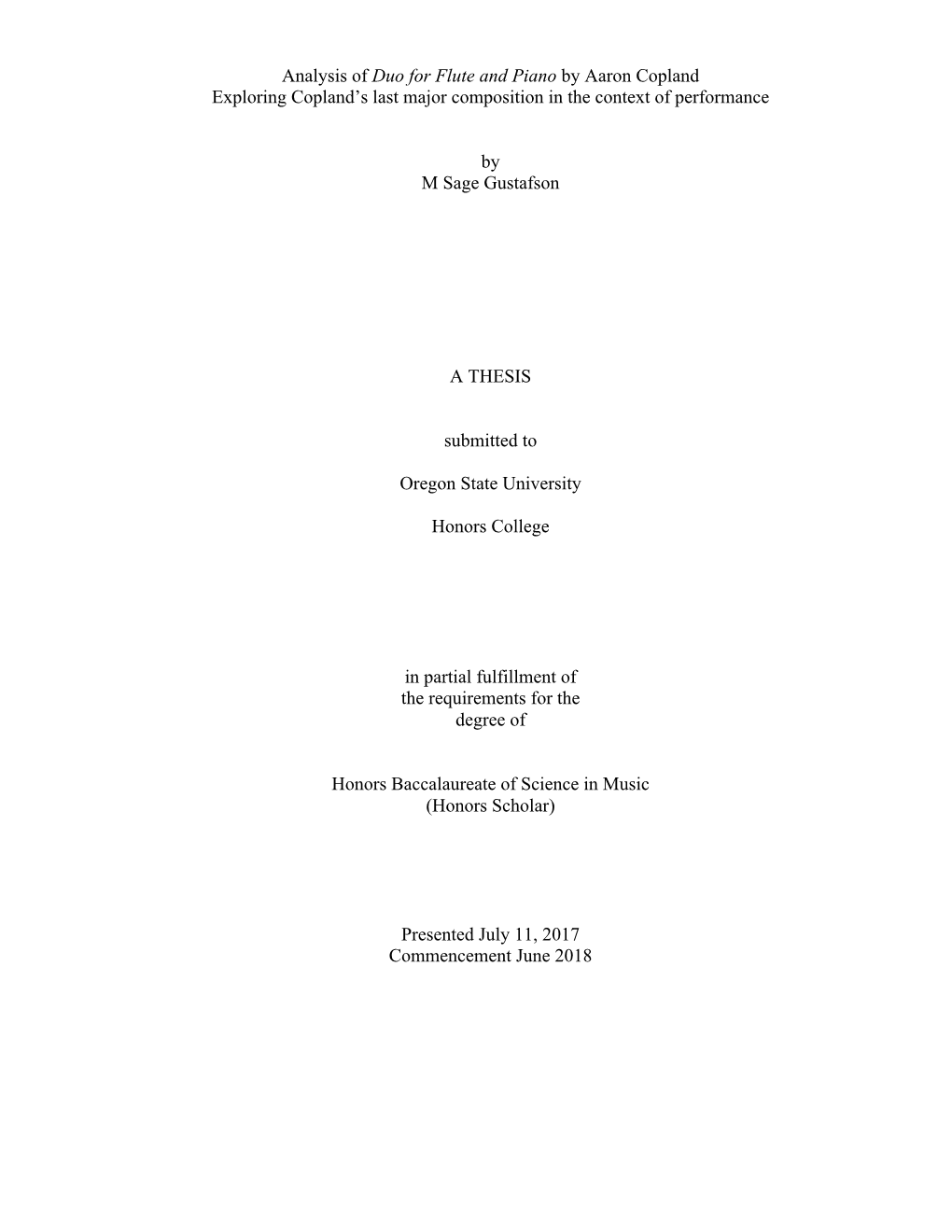 Analysis of Duo for Flute and Piano by Aaron Copland Exploring Copland’S Last Major Composition in the Context of Performance