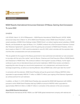 MGM Resorts International Announces Extension of Macau Gaming Sub-Concession to June 2022