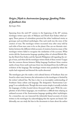 Origin Myth in Austronesian Language Speaking Tribes of Southeast Asia by Cooper Peltz