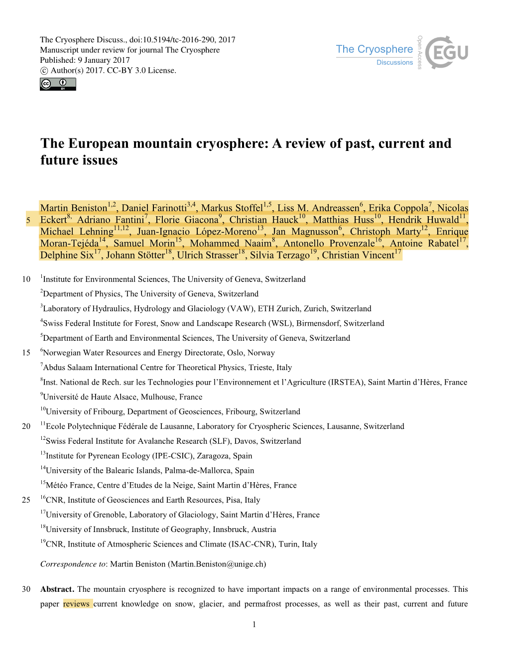 The European Mountain Cryosphere: a Review of Past, Current and Future Issues