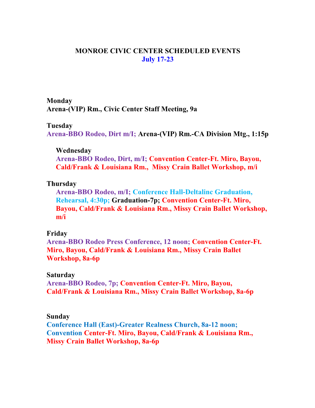 Monroe Civic Center Scheduled Events