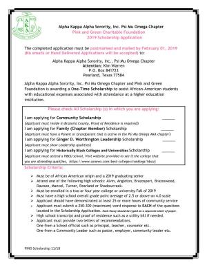 Alpha Kappa Alpha Sorority, Inc. Psi Mu Omega Chapter Pink and Green Charitable Foundation 2019 Scholarship Application