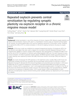 Repeated Oxytocin Prevents Central Sensitization by Regulating Synaptic