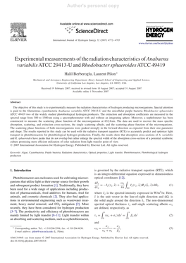 Experimental Measurements of the Radiation Characteristics of Anabaena Variabilisatcc29413-U and Rhodobacter Sphaeroidesatcc49419