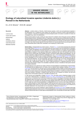 Ecology of Naturalized Invasive Species Lindernia Dubia (L.) Pennell in the Netherlands