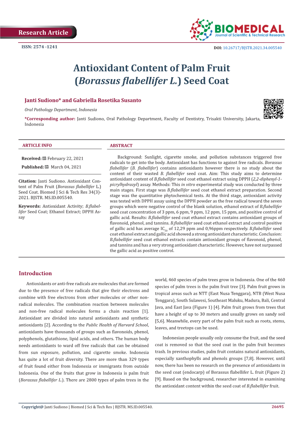 Antioxidant Content of Palm Fruit (Borassus Flabellifer L.) Seed Coat