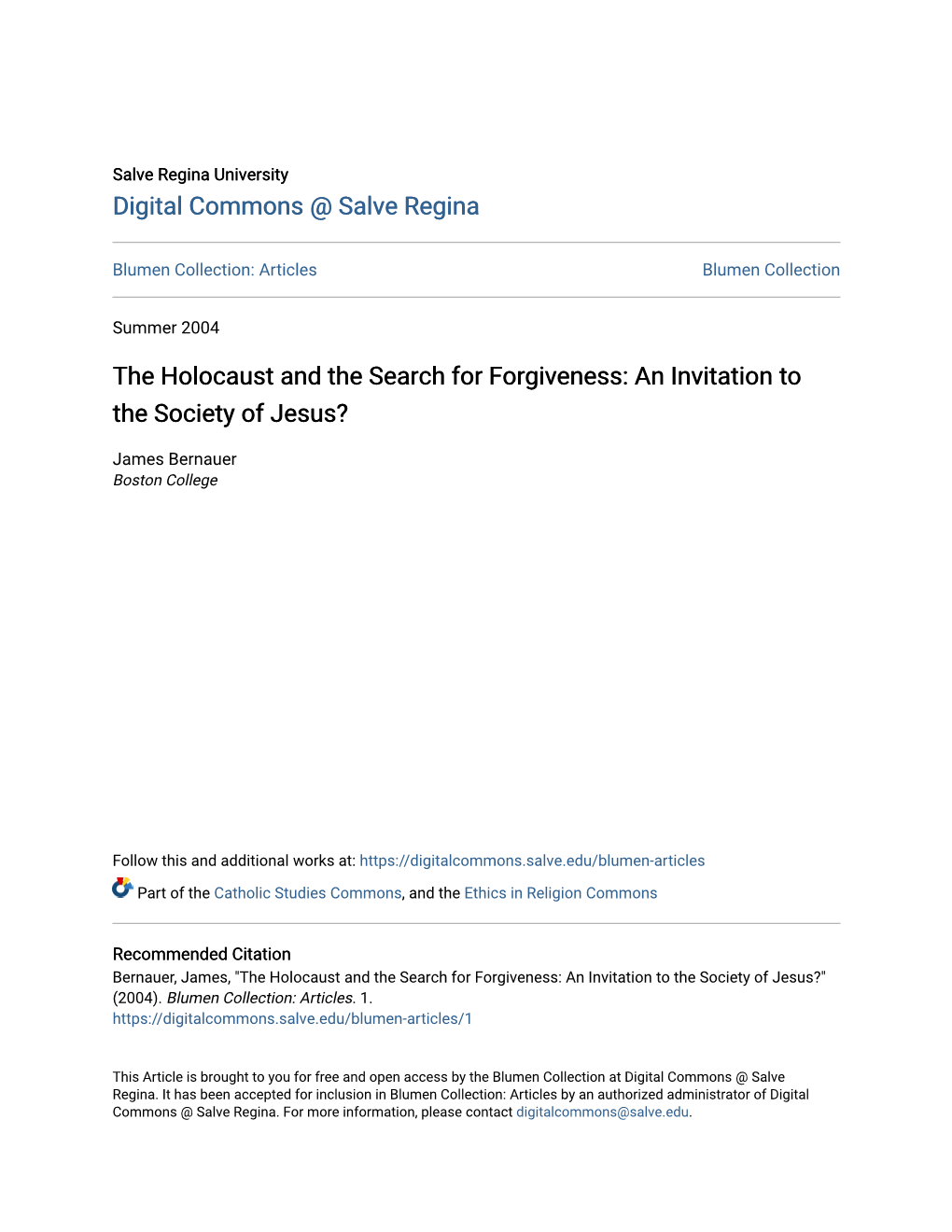 The Holocaust and the Search for Forgiveness: an Invitation to the Society of Jesus?