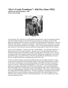 “Ory's Creole Trombone”-- Kid Ory (June 1922) Added to the National Registry: 2005 Essay by David Sager
