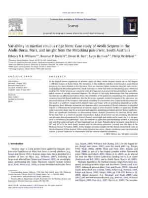 Case Study of Aeolis Serpens in the Aeolis Dorsa, Mars, and Insight from the Mirackina Paleoriver, South Australia ⇑ Rebecca M.E