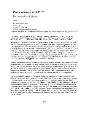 Pasadena Symphony & POPS for Immediate Release