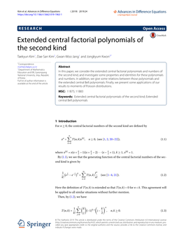 Extended Central Factorial Polynomials of the Second Kind Taekyun Kim1,Daesankim2,Gwan-Woojang1 and Jongkyum Kwon3*