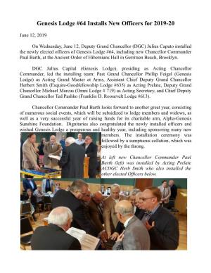Genesis Lodge #64 Installs New Officers for 2019-20