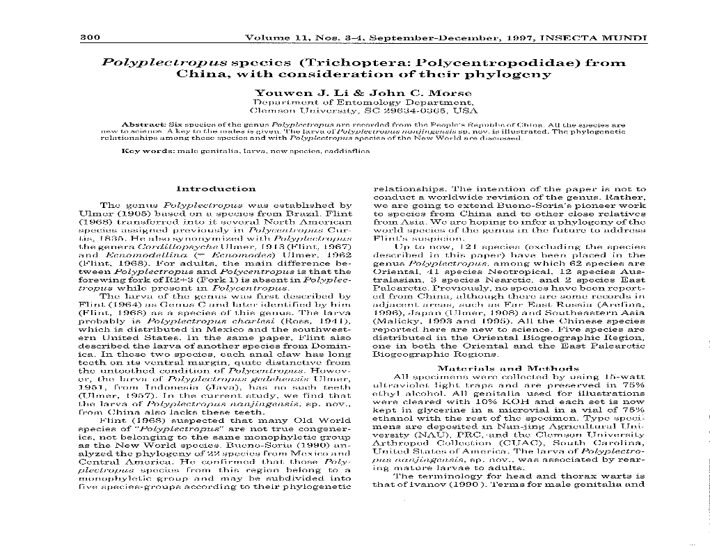 Polypiectropu8 Species (Trichoptera: Polycentropodidae) from China, with Consideration of Their Phylogeny