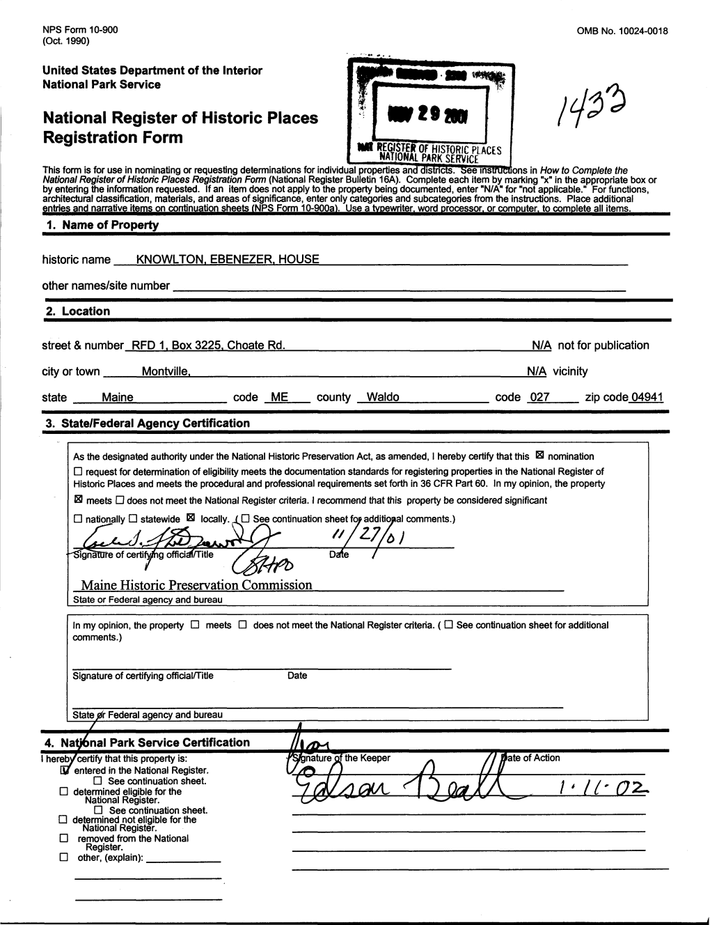 National Register of Historic Places Continuation Sheet EBENEZER KNOWLTON HOUSE WALDO COUNTY