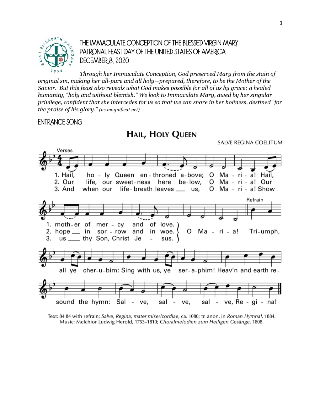 The Immaculate Conception of the Blessed Virgin Mary Patronal Feast Day of the United States of America December 8, 2020