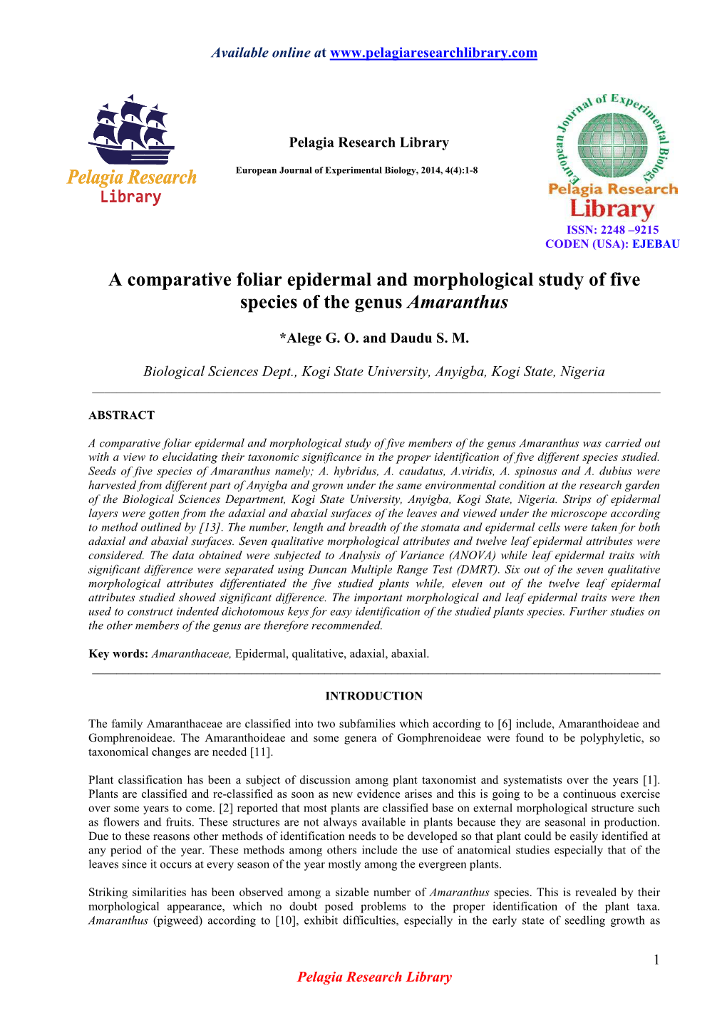 A Comparative Foliar Epidermal and Morphological Study of Five Species of the Genus Amaranthus