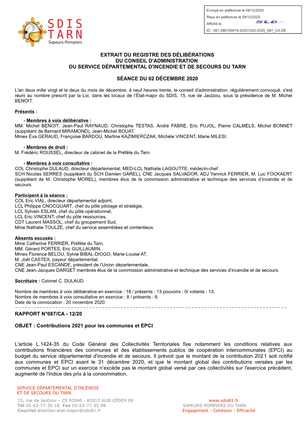 Extrait Du Registre Des Délibérations Du Conseil D'administration Du Service Départemental D'incendie Et De Secours Du Tarn