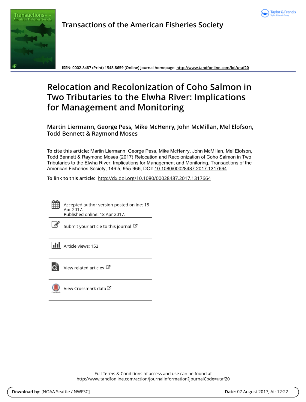 Relocation and Recolonization of Coho Salmon in Two Tributaries to the Elwha River: Implications for Management and Monitoring