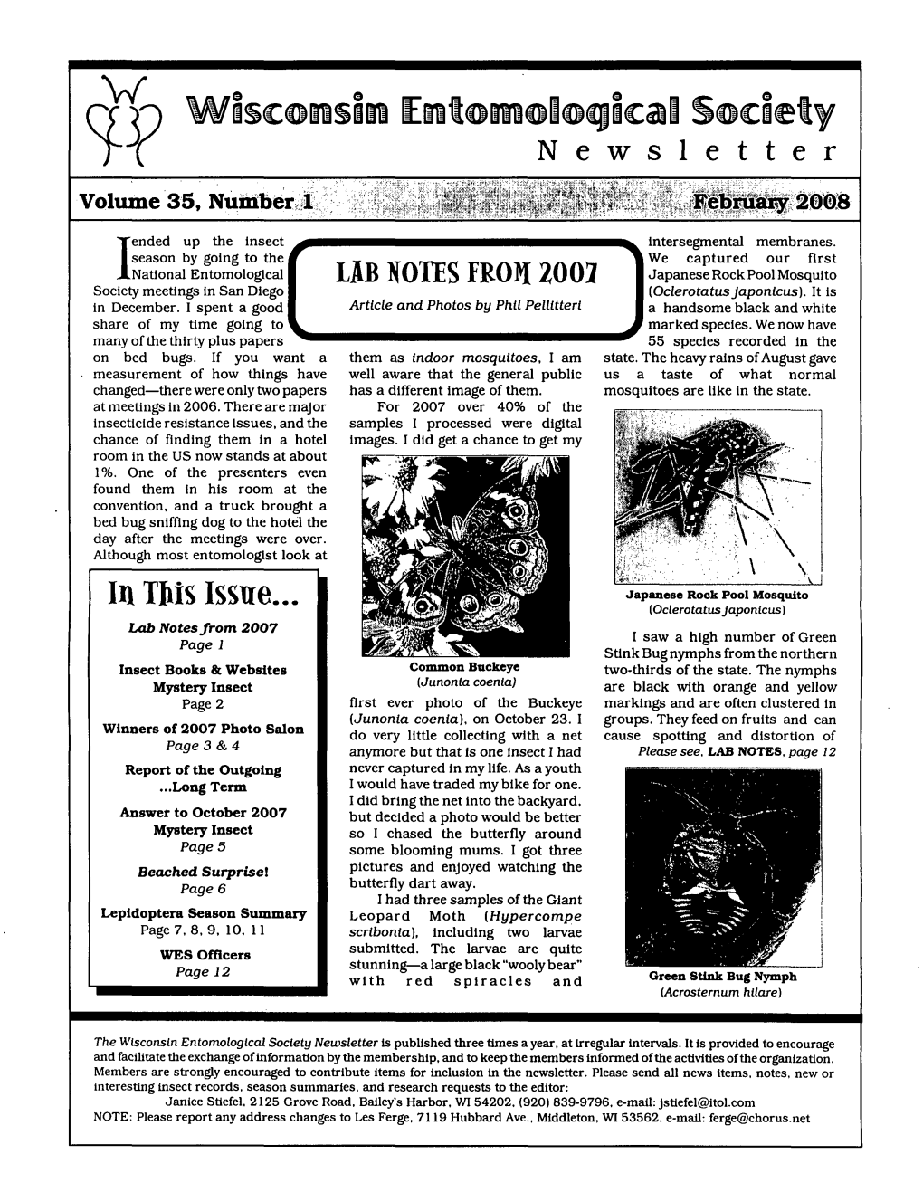 Wisconsin Entomological Society Ne Wsletter