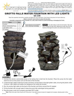 GROTTO FALLS WATER FOUNTAIN with LED LIGHTS QC-236 Read the Assembly Instructions Carefully and Follow the Care Instructions